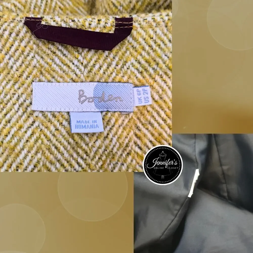 Boden Mustard Sienna Herringbone Wool Alpaca Blend Driving Coat Size 2P